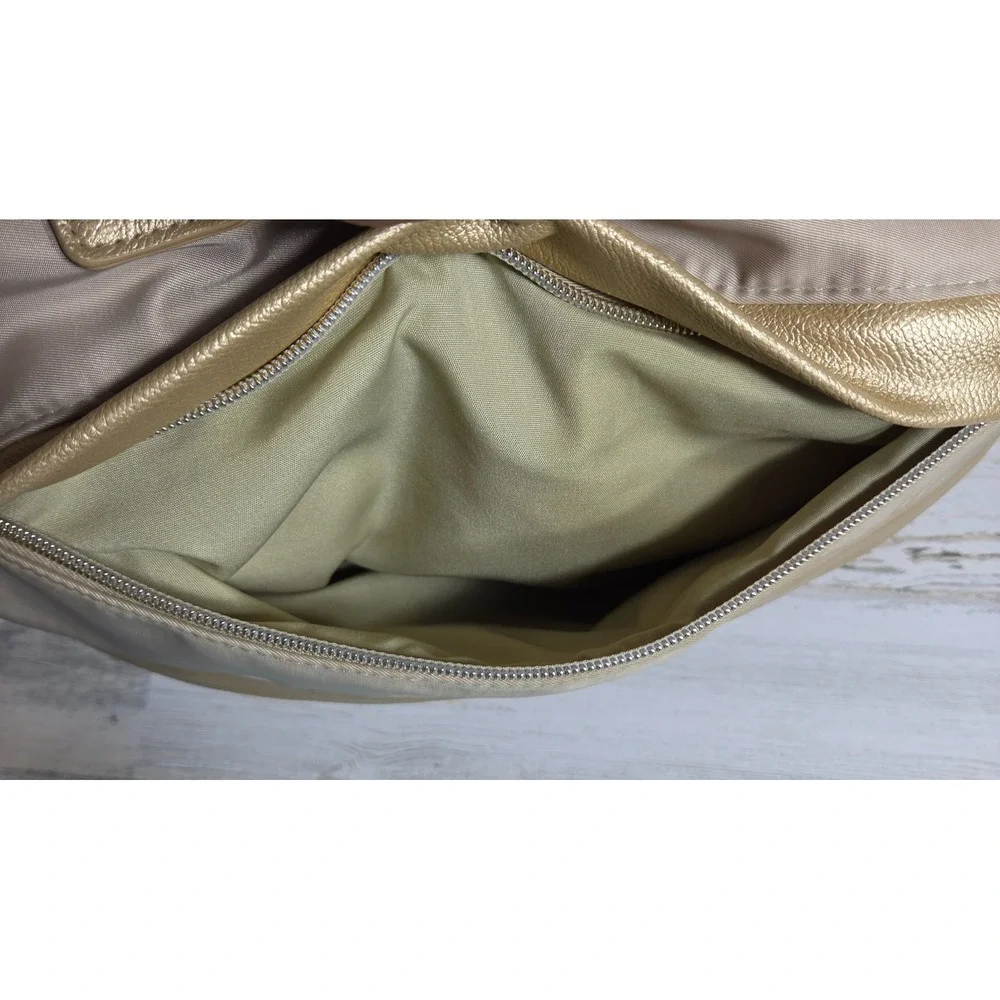 Chicos Large Tote Bag Champagne Gold Nylon Vegan Leather Weekender Travel Purse